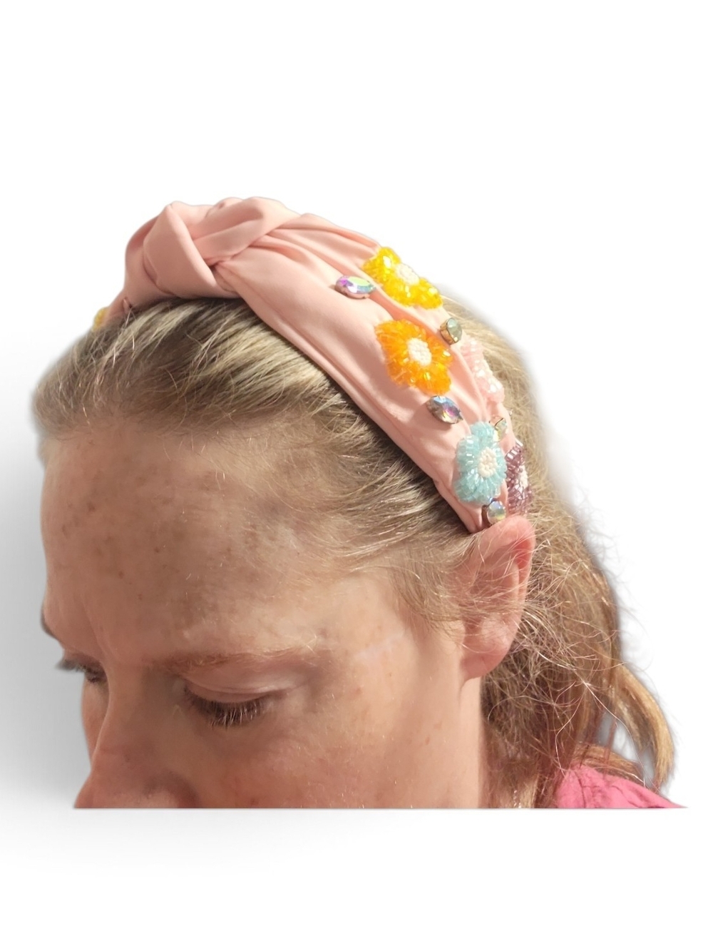 Handcrafted Pink Floral Beaded Headband